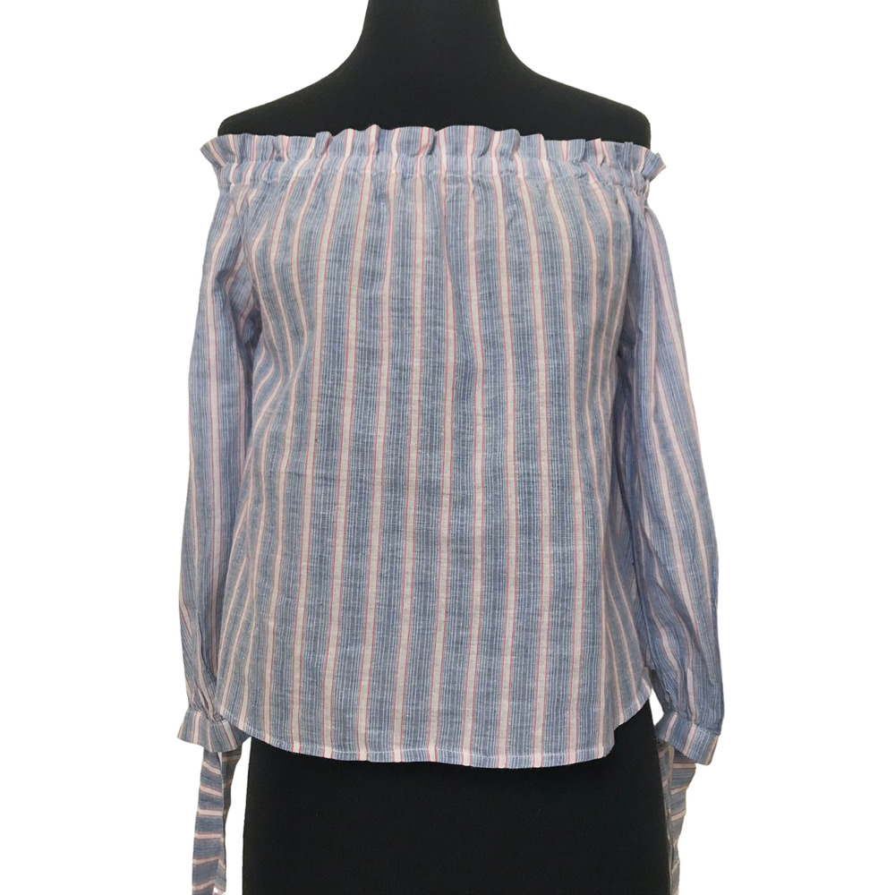 EN CREME Off Shoulder Tie Sleeve Striped Blouse Sm